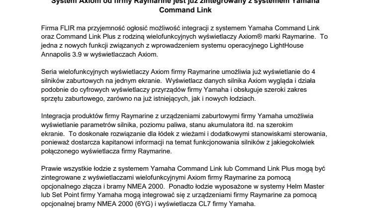 System Axiom od firmy Raymarine jest już zintegrowany z systemem Yamaha Command Link 