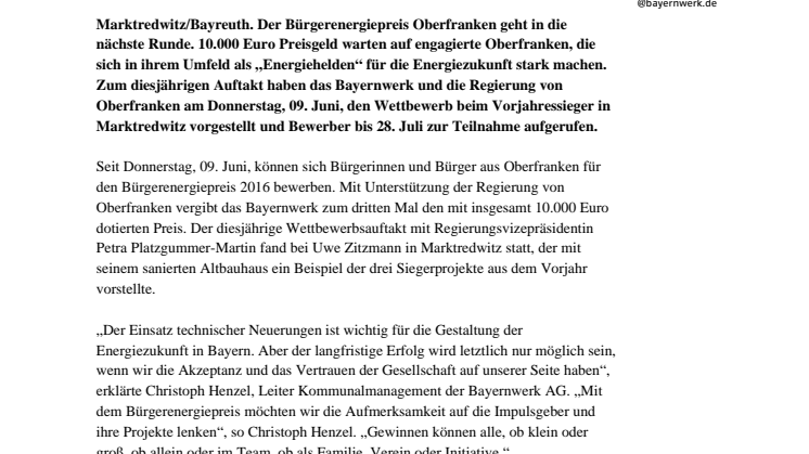 Auftakt Bürgerenergiepreis Oberfranken: Bayernwerk und Regierung suchen "Energiehelden"
