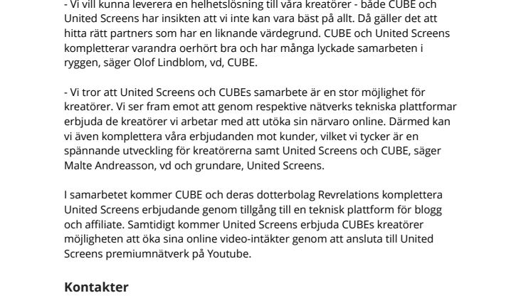 CUBE och United Screens i samarbete för att stärka sina erbjudanden mot kreatörer