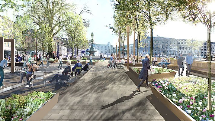 Nu ska Brunnsparken rustas upp med målet att skapa ett tryggt och välkomnande park- och hållplatsrum. Illustration White arkitekter