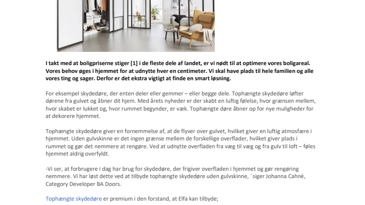 Elfa lancerer tophængte skydedøre – åbner dit hjem og frigiver dit gulv