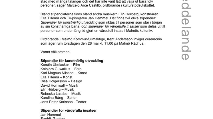 Välkommen till Malmö stads kulturstipendieutdelning