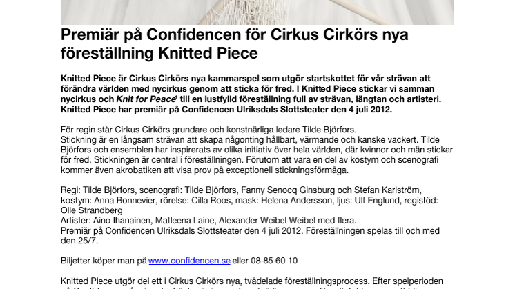 Premiär på Confidencen för Cirkus Cirkörs nya föreställning Knitted Piece 