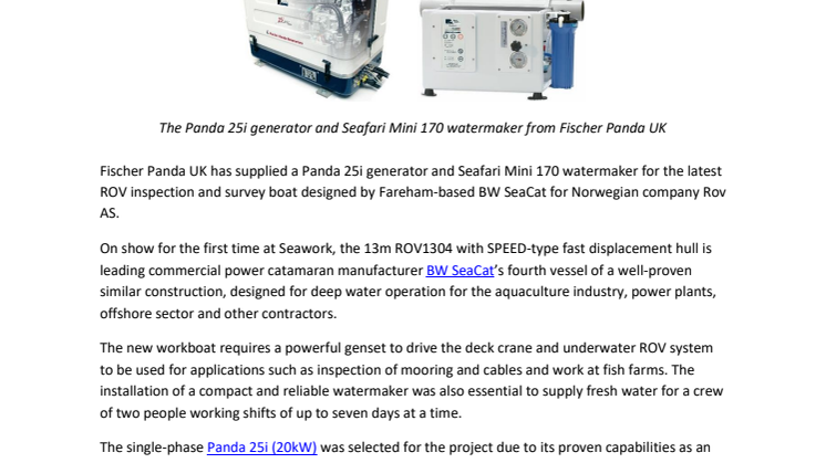 Fischer Panda UK Equipment Powers ROV System and Fresh Water Supply  on New BW SeaCat Inspection Vessel for Rov AS