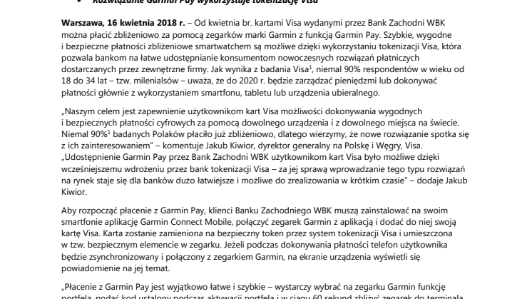 Garmin Pay dla użytkowników kart Visa wydanych przez Bank Zachodni WBK