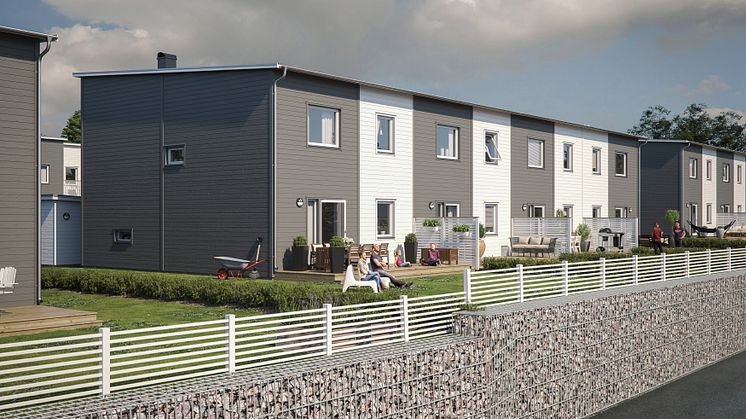 Illustration av trädgårdssida med uteplats och trädgård, radhusen i BoKlok Myrvisslaren. 