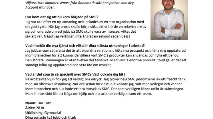 Tim Toth ny säljare på SMC Pneumatics i Lund