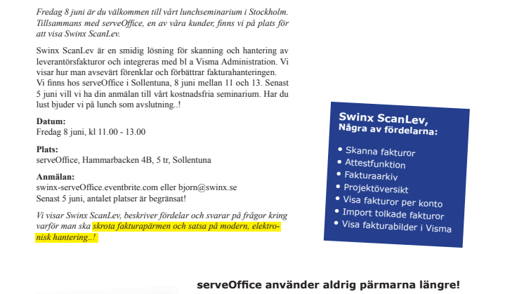 Lunchseminarie, Swinx ScanLev skannar fakturor till Visma 