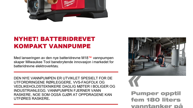 NYHET! BATTERIDREVET KOMPAKT VANNPUMPE 