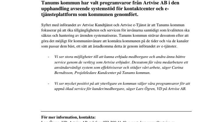 Tanums kommun väljer Artvise Kundtjänst och Artvise e-Tjänst!