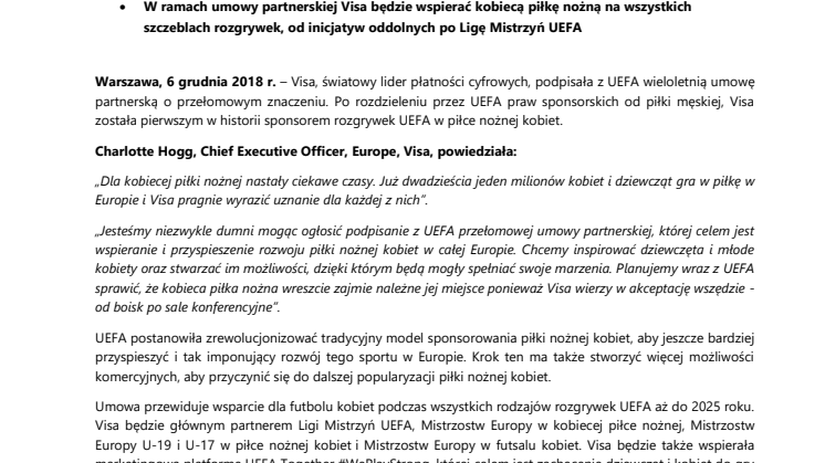 Visa podpisała z UEFA przełomową umowę wspierającą piłkę nożną kobiet