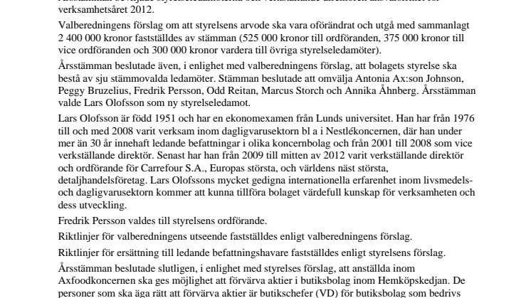 Beslut fattade vid Axfood AB:s årsstämma den 13 mars 2013