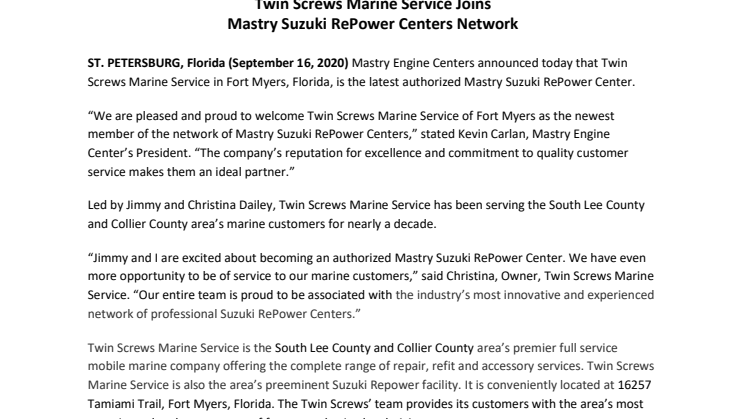 Twin Screws Marine Service Joins Mastry Suzuki RePower Centers Network