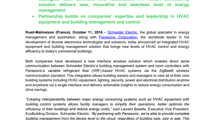 Schneider Electric og Panasonic går sammen om sømløs energistyring