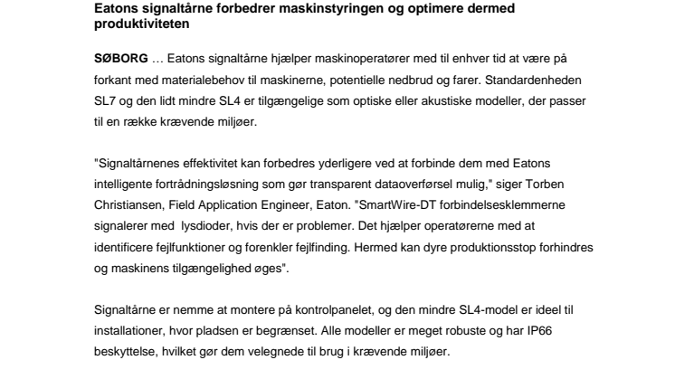 Eatons signaltårne forbedrer maskinstyringen og optimere dermed produktiviteten