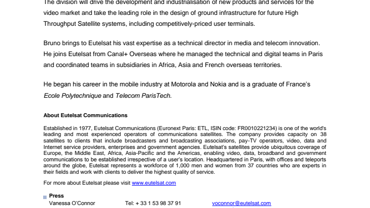 Bruno Cattan joins Eutelsat as Terminals and Systems Director