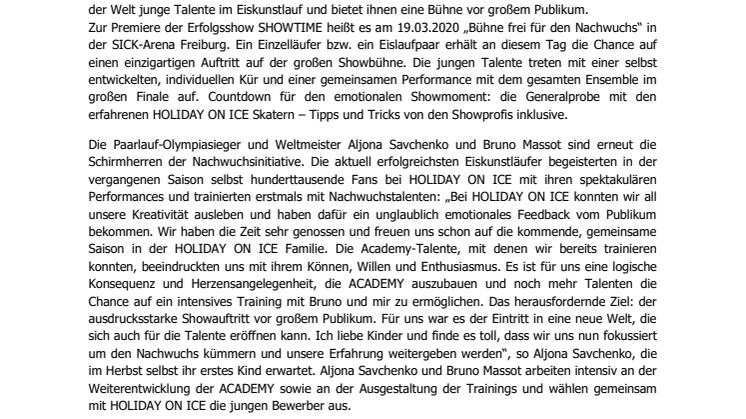 HOLIDAY ON ICE ACADEMY startet Talentaufruf für Freiburg – Aljona Savchenko und Bruno Massot unterstützen die Nachwuchsinitiative