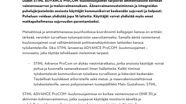 STIHL LANSEERAA UUDET ADVANCE PROCOM -KUULONSUOJAIMET   – INNOVATIIVISET KUULONSUOJAIMET PUHELUTOIMINNOLLA JOPA 16 LAITTEELLE  .pdf