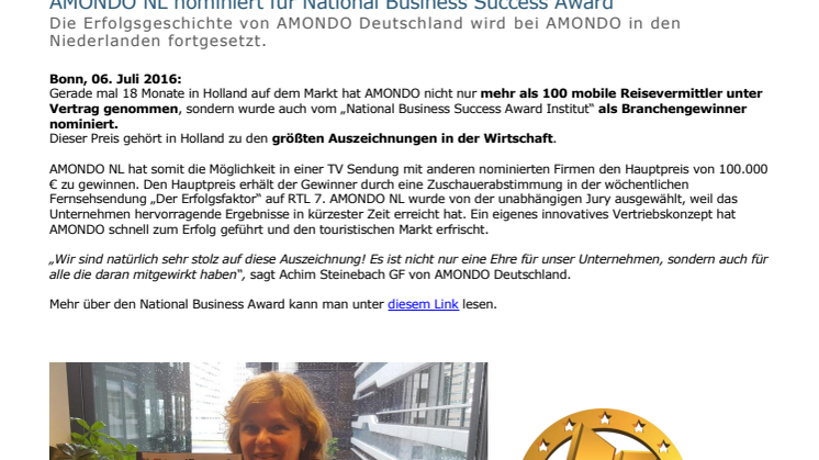 AMONDO NL nominiert für National Business Success Award