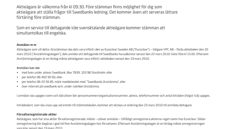 Välkommen till Swedbanks årsstämma den 26 mars 2010