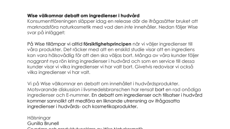 WISE välkomnar debatt om ingredienser i hudvård