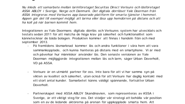ASSA och Securitas Direct Verisure integrerar lås med larm via mobilen
