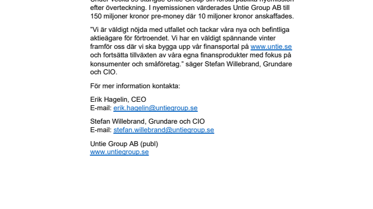 Untie Group slutför övertecknad nyemission