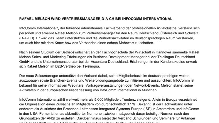 RAFAEL MELSON WIRD VERTRIEBSMANAGER D-A-CH BEI INFOCOMM INTERNATIONAL