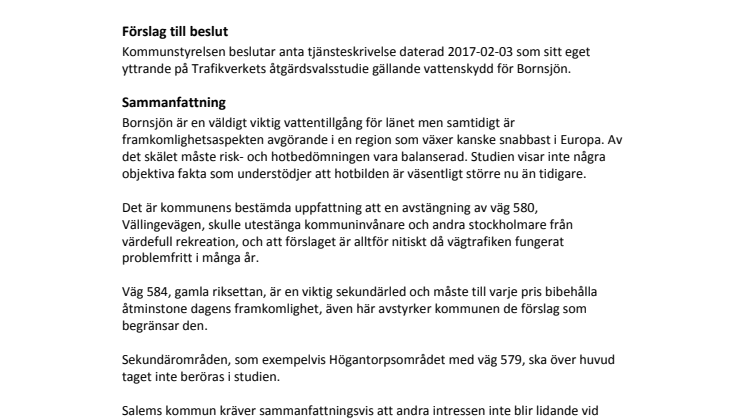 Salems kommuns yttrande över åtgärdsvalsstudie Vattenskydd Bornsjön