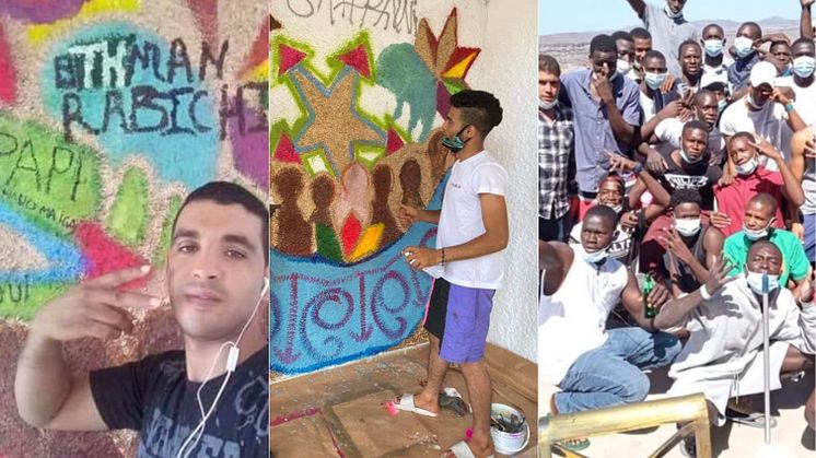 Left and centre:  migrants "decorating" the walls at luxury resort.  Right:  Happy faces on the balcony