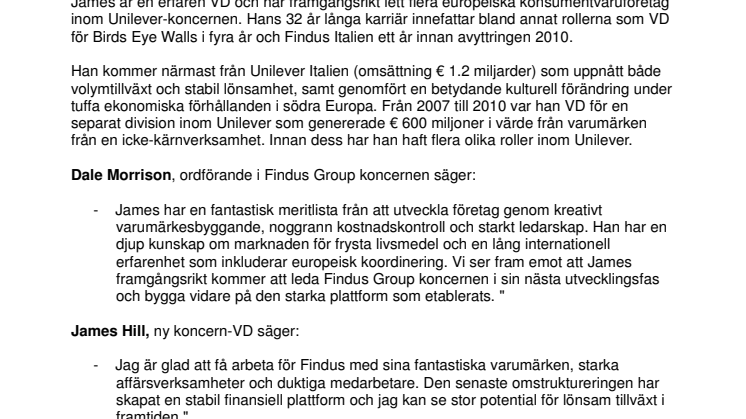 Findus Group koncernen: James Hill utsedd till ny koncern-VD