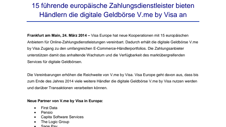 15 führende europäische Zahlungsdienstleister bieten Händlern die digitale Geldbörse V.me by Visa an