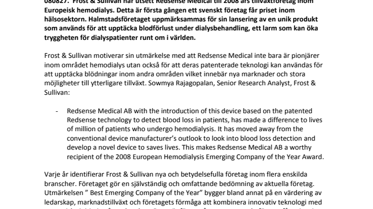 Frost & Sullivan utser Redsense Medical till årets tillväxtföretag 