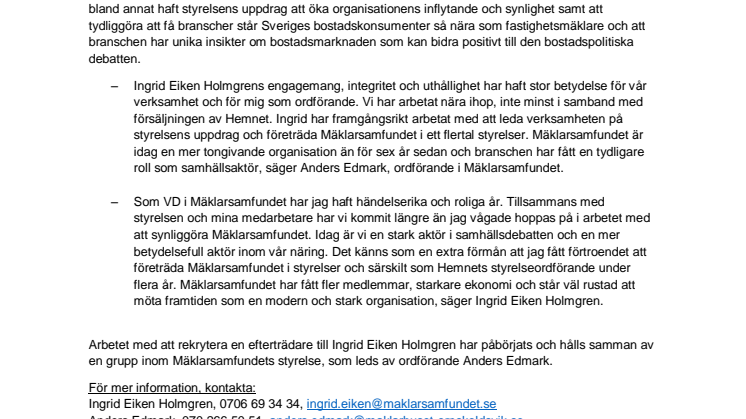 Ingrid Eiken Holmgren väljer att lämna tjänsten som VD för Mäklarsamfundet
