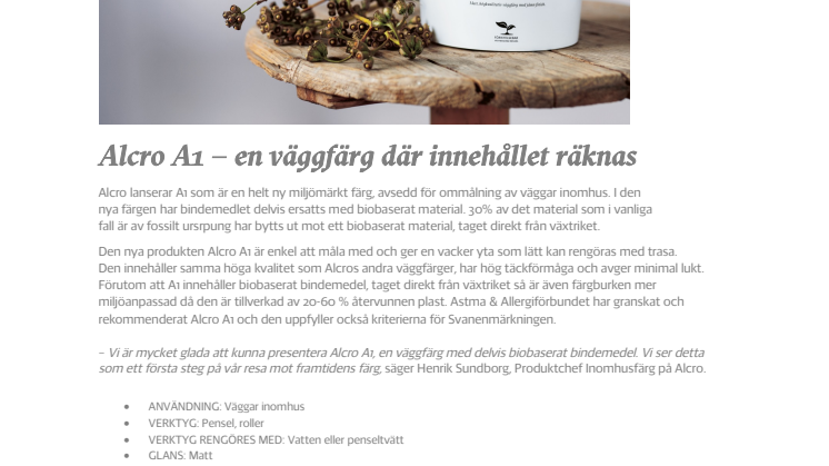 Alcro A1 -En ny väggfärg där innehållet räknas