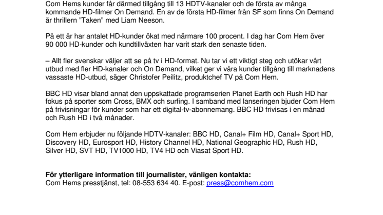 Com Hem växlar upp HD-utbudet med nya kanaler och On Demand i HD-kvalitet