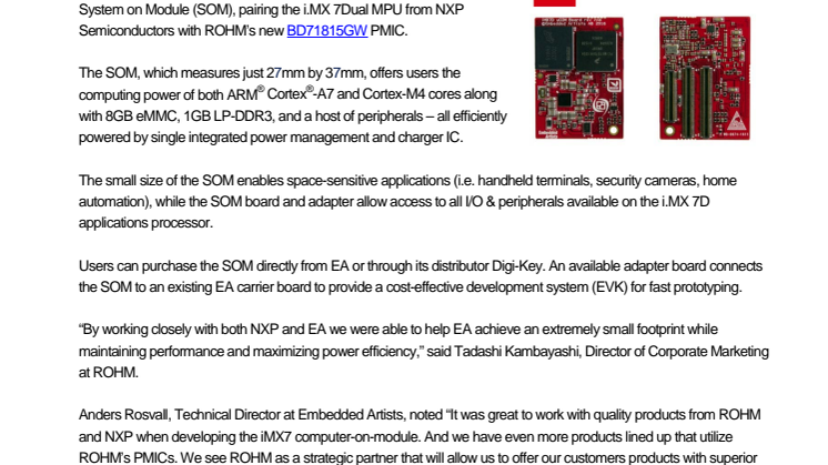 New SOM Based on NXP® i.MX 7D MPU and ROHM’s BD71815GW PMIC---ROHM and Embedded Artists collaborate to develop a SOM 