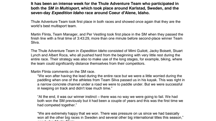 Thule Adventure Team – multisport winners on two continents, in the SM (Swedish Championship) in Karlstad, Sweden and in Expedition Idaho, USA 