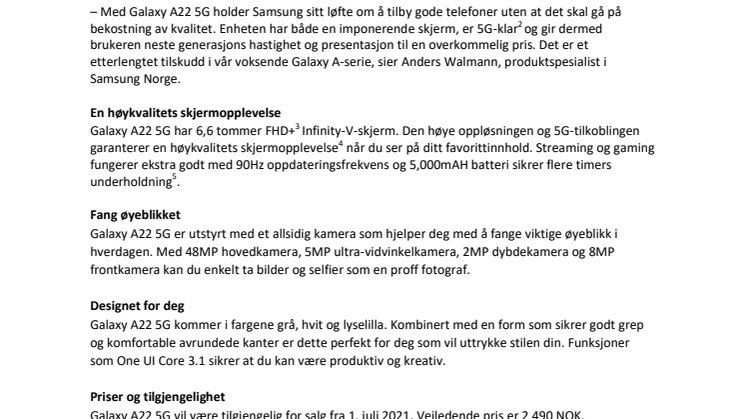 Samsung fortsetter å utvide 5G-porteføljen med lanseringen av Galaxy A22 5G