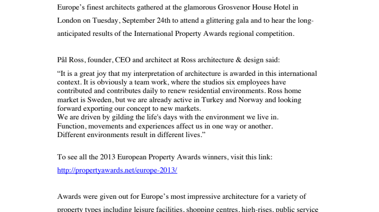 Ross arkitektur & design vinner internationellt guld!