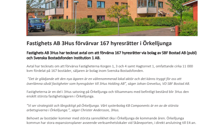 ​Fastighets AB 3Hus förvärvar 167 hyresrätter i Örkelljunga
