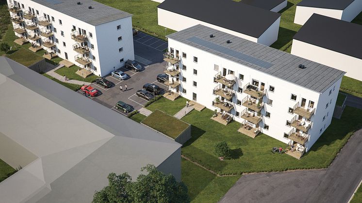 Översiktsillustration av de nya husen i BoKlok Triangelparken i Siggbo, Tierp