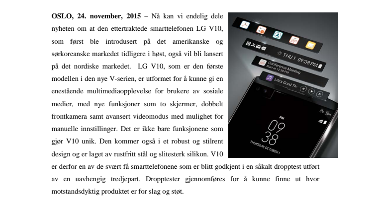 LG SIN NYE SMARTTELEFON V10 KOMMER TIL NORGE  I BEGYNNELSEN AV 2016