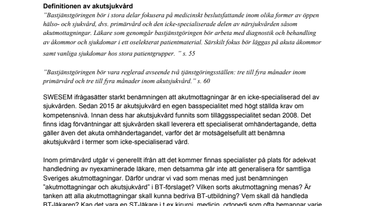 SLS sektioners svar på remissen om Bastjänstgöring för läkare, Ds 2017:56