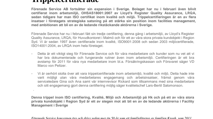 Förenade Service AB - Trippelcertifierade