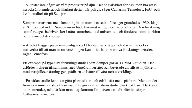 ​Semper tar ställning mot djurförsök