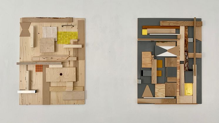 Elisabeth Billander ”Februari 2021”, trä, 120x80 cm (till vänster) och ”November 2019”, trä, 120x80 cm (till höger).