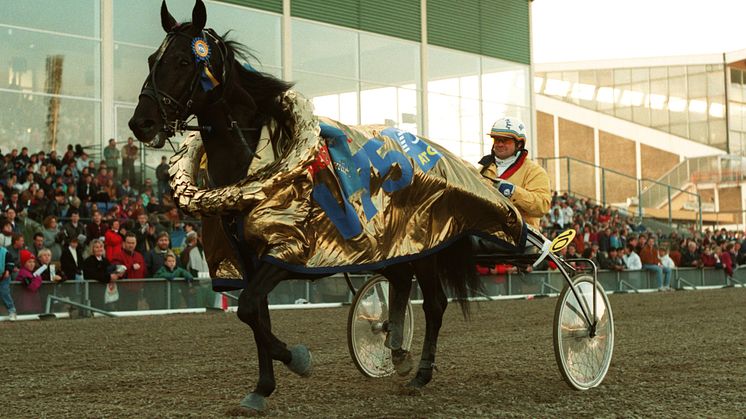 Copiad och Erik Berglöf vann det historiska första loppet på V75 den 30 oktober 1993. Foto Thomas Blomqvist/TR Bild