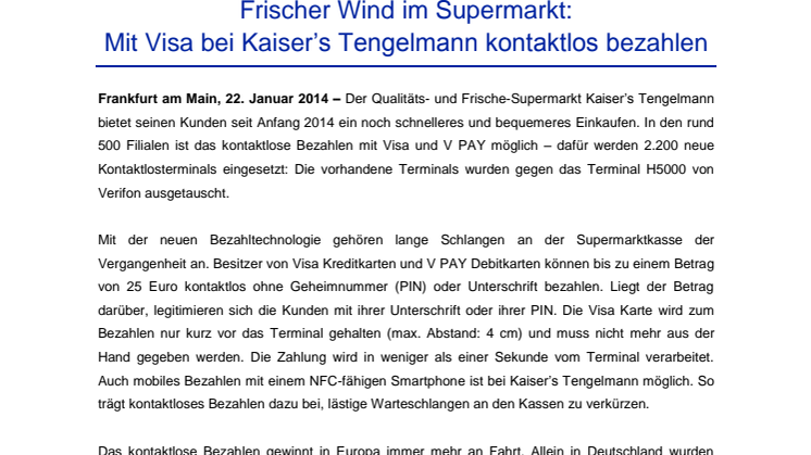 Frischer Wind im Supermarkt: Mit Visa bei Kaiser’s Tengelmann kontaktlos bezahlen