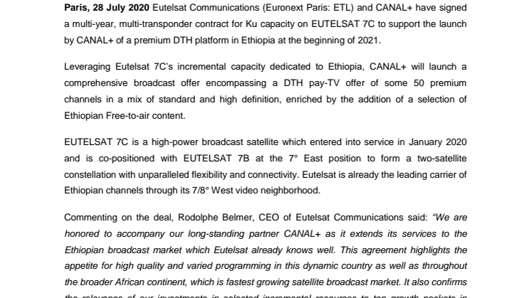 CANAL+ to launch first premium DTH platform over Ethiopia, broadcast from EUTELSAT 7C 